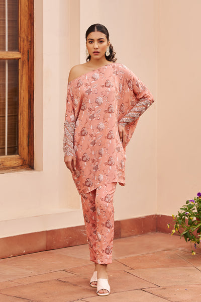 Chhavvi Aggarwal Peach One Shoulder Top With Pants indian designer wear online shopping melange singapore