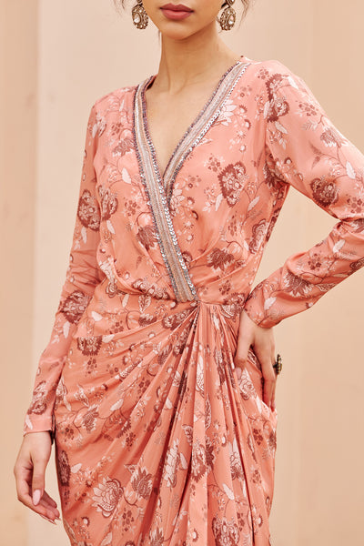 Chhavvi Aggarwal Peach Printed Draped Dress indian designer wear online shopping melange singapore