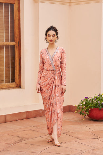 Chhavvi Aggarwal Peach Printed Draped Dress indian designer wear online shopping melange singapore