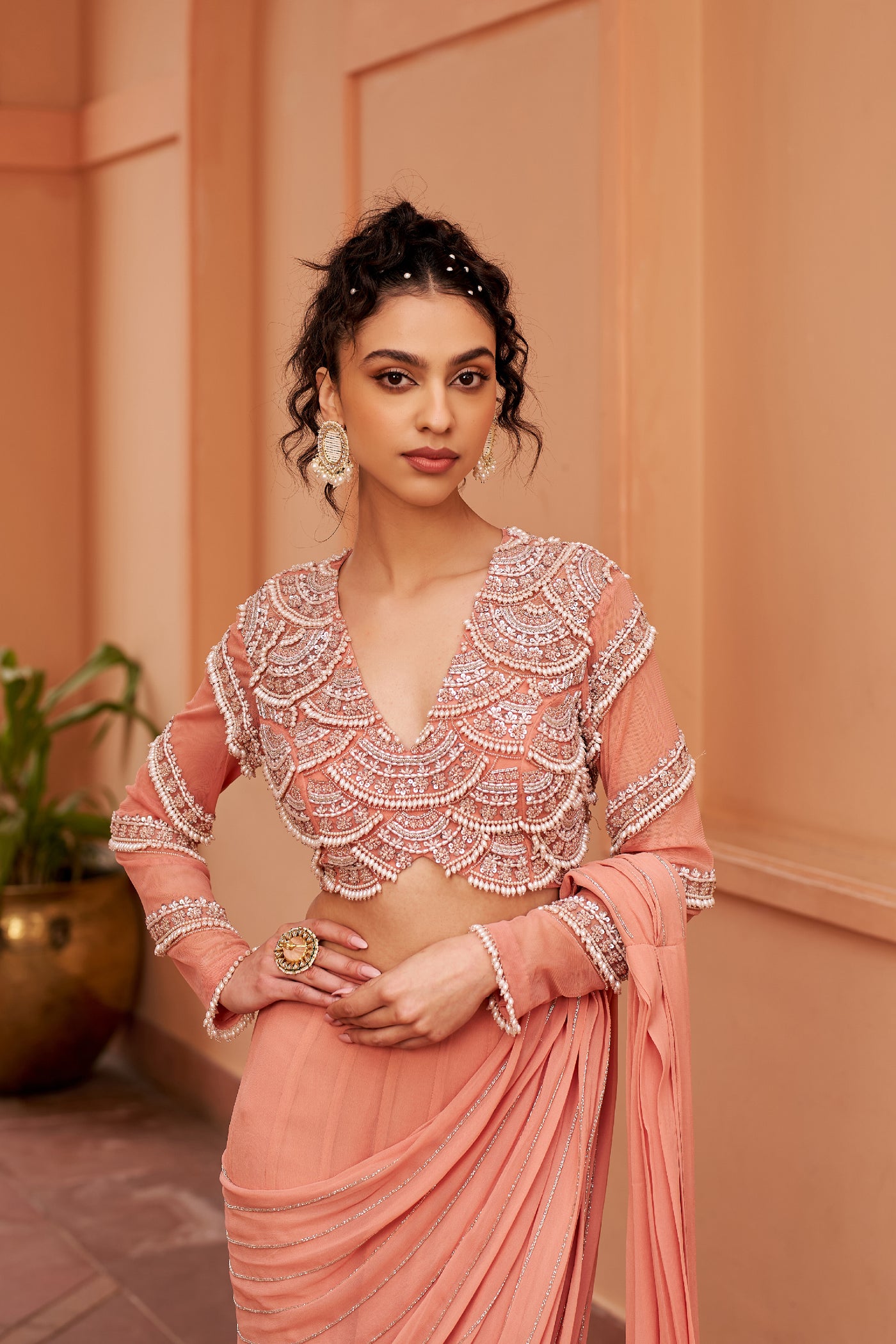 Chhavvi Aggarwal Peach Saree With Embroidered Blouse indian designer wear online shopping melange singapore