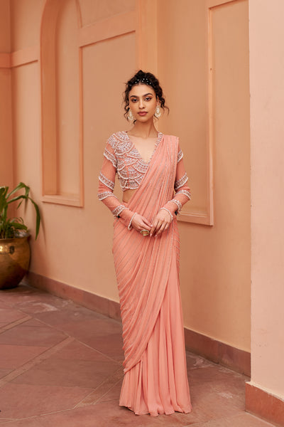 Chhavvi Aggarwal Peach Saree With Embroidered Blouse indian designer wear online shopping melange singapore