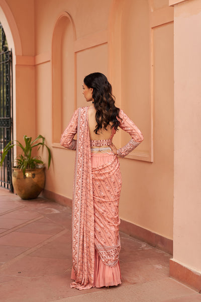 Chhavvi Aggarwal Peach Sharara Saree With Blouse And Belt indian designer wear online shopping melange singapore
