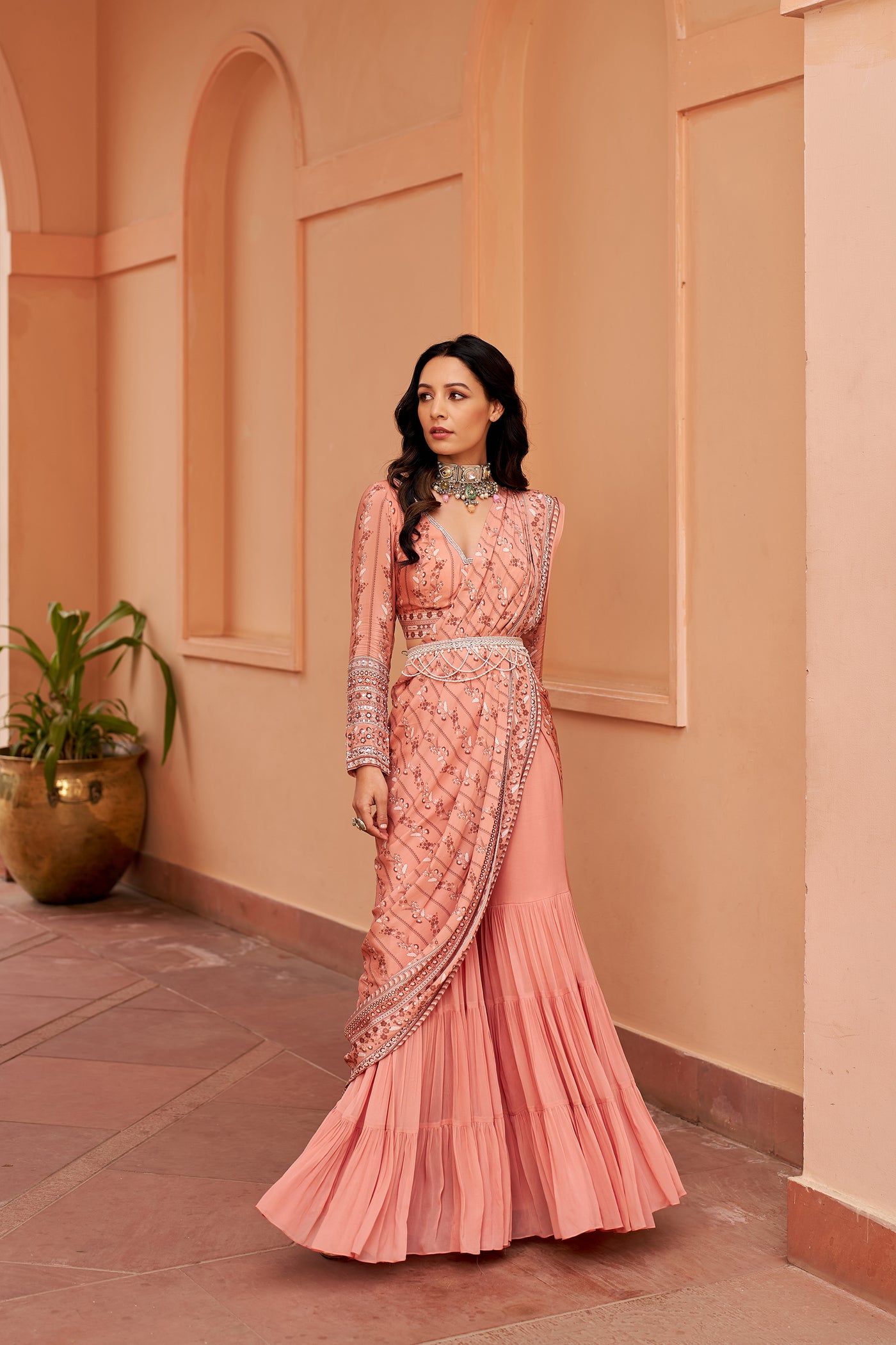 Chhavvi Aggarwal Peach Sharara Saree With Blouse And Belt indian designer wear online shopping melange singapore