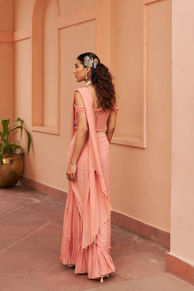 Chhavvi Aggarwal Peach Sharara Saree With Corset Blouse indian designer wear online shopping melange singapore