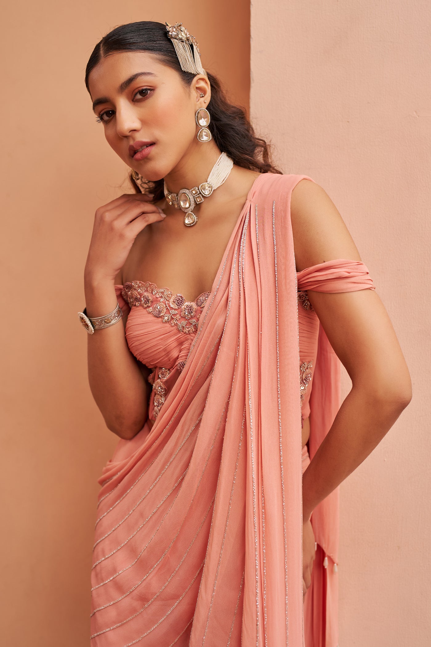 Chhavvi Aggarwal Peach Sharara Saree With Corset Blouse indian designer wear online shopping melange singapore