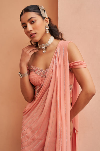 Chhavvi Aggarwal Peach Sharara Saree With Corset Blouse indian designer wear online shopping melange singapore