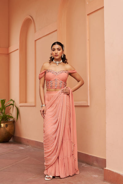 Chhavvi Aggarwal Peach Sharara Saree With Corset Blouse indian designer wear online shopping melange singapore