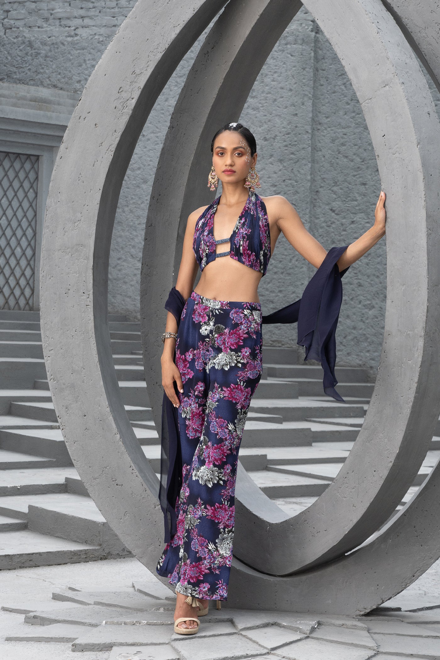 Chhavvi Aggarwal Pleated Halter Blouse With Pants And Stole indian designer wear online shopping melange singapore