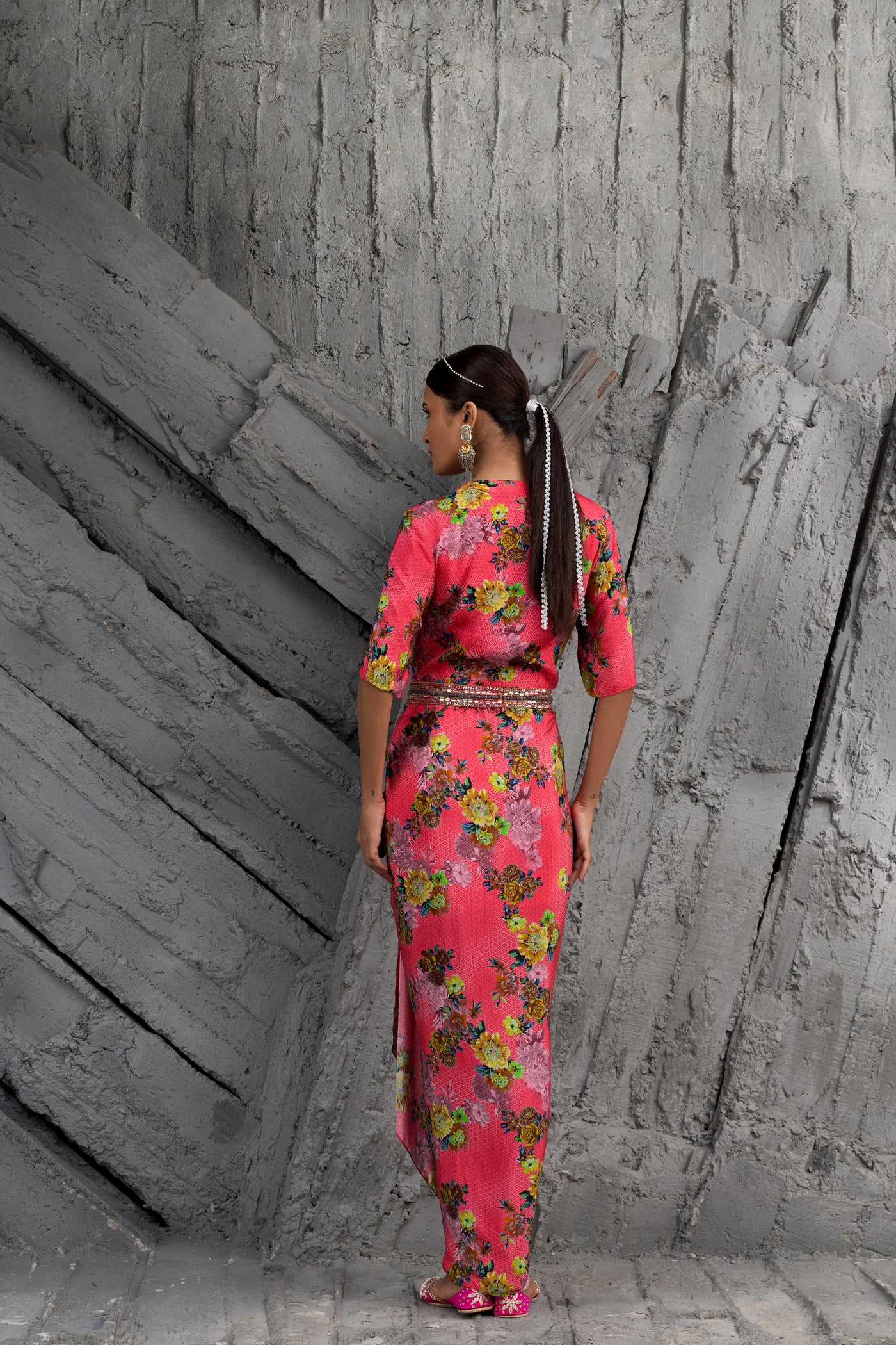 Chhavvi Aggarwal Raspberry Printed Draped Dress indian designer wear online shopping melange singapore