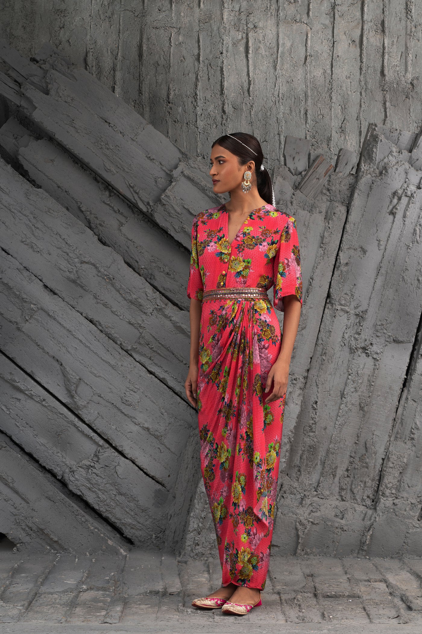 Chhavvi Aggarwal Raspberry Printed Draped Dress indian designer wear online shopping melange singapore