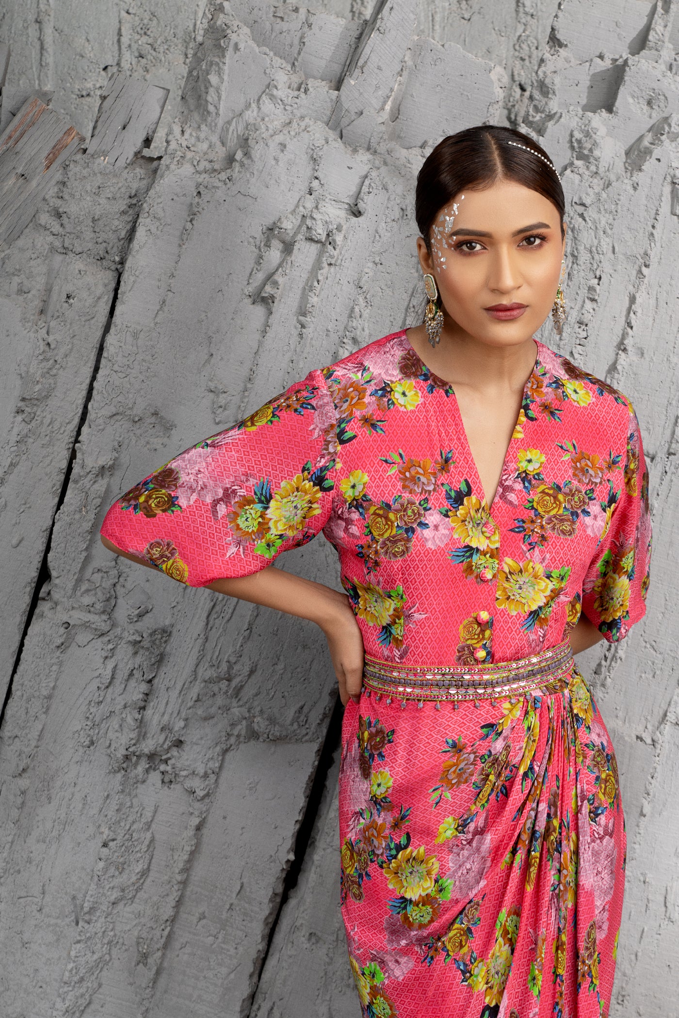 Chhavvi Aggarwal Raspberry Printed Draped Dress indian designer wear online shopping melange singapore