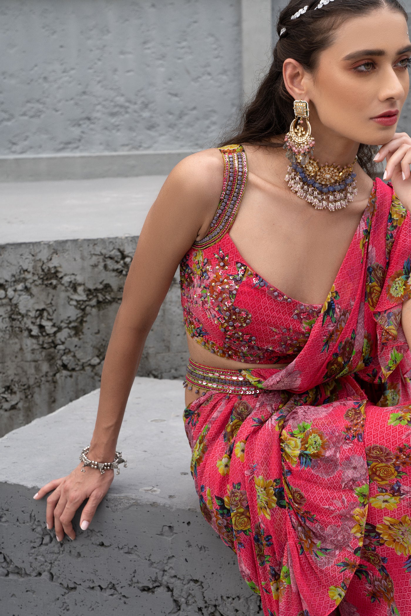 Chhavvi Aggarwal Raspberry Printed Saree With Blouse indian designer wear online shopping melange singapore