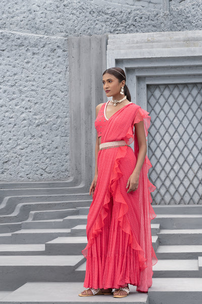 Chhavvi Aggarwal Raspberry Printed Sharara Saree With Blouse indian designer wear online shopping melange singapore