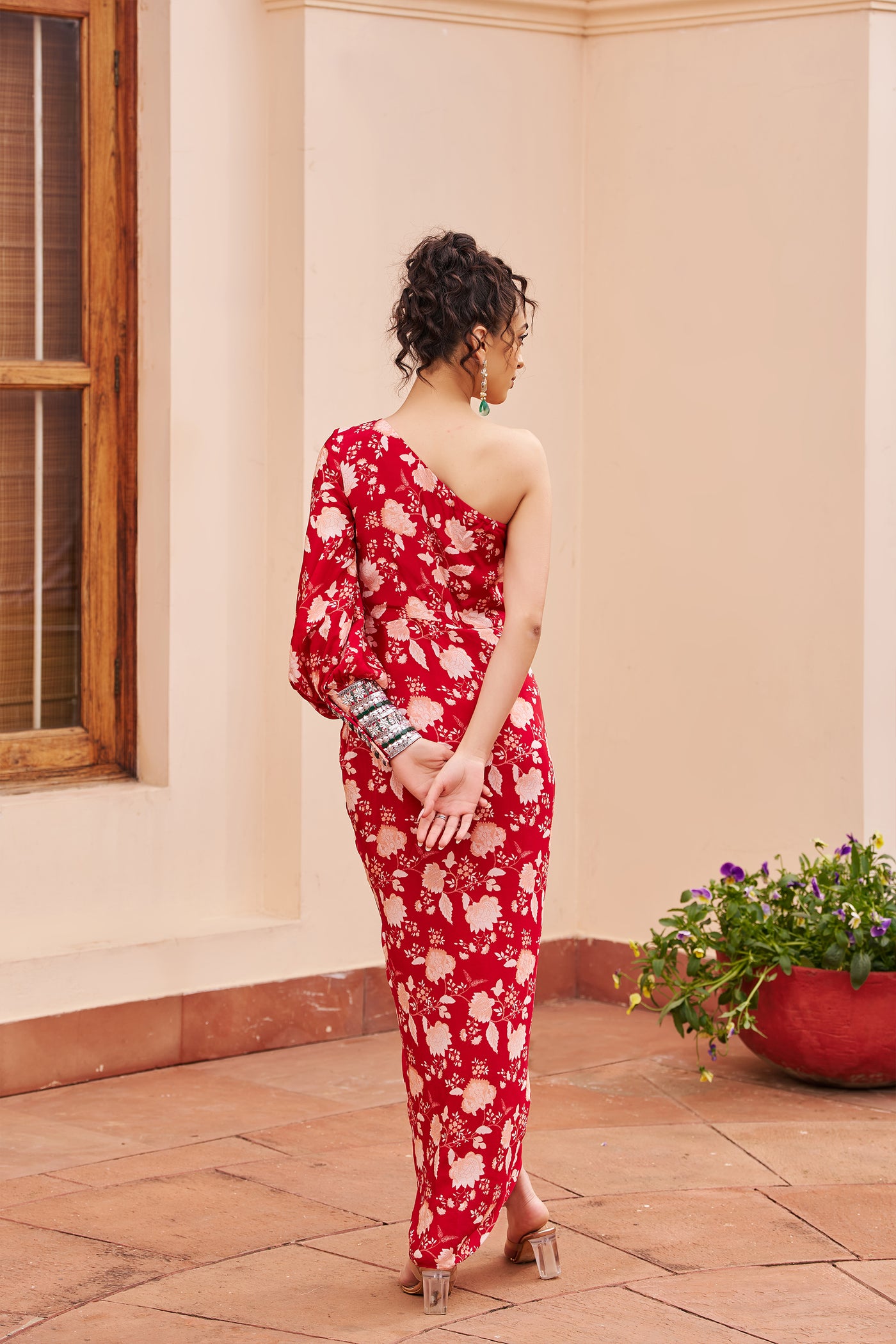Chhavvi Aggarwal Red One-shoulder Draped Dress indian designer wear online shopping melange singapore