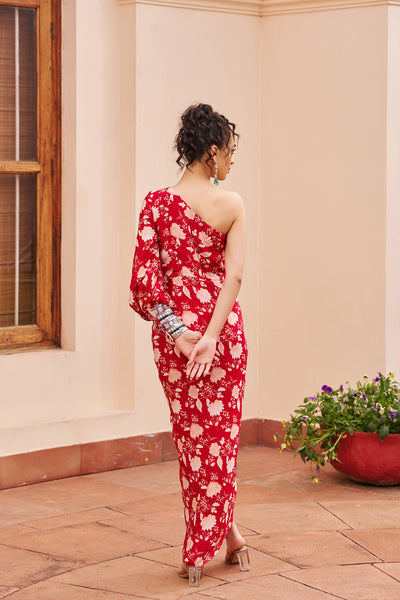 Chhavvi Aggarwal Red One-shoulder Draped Dress indian designer wear online shopping melange singapore