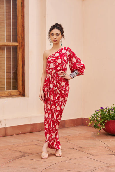 Chhavvi Aggarwal Red One-shoulder Draped Dress indian designer wear online shopping melange singapore