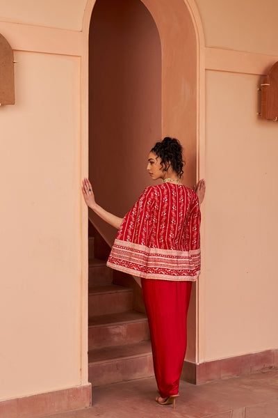 Chhavvi Aggarwal Red Printed Cape And Bustier With Draped Skirt indian designer wear online shopping melange singapore