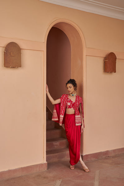 Chhavvi Aggarwal Red Printed Cape And Bustier With Draped Skirt indian designer wear online shopping melange singapore