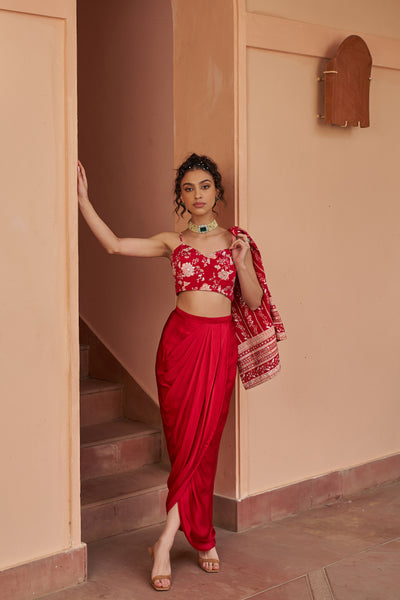 Chhavvi Aggarwal Red Printed Cape And Bustier With Draped Skirt indian designer wear online shopping melange singapore