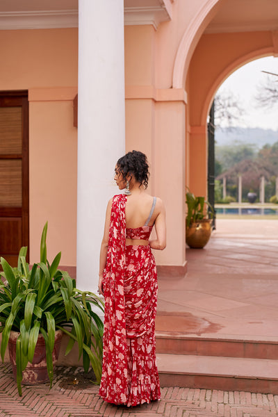 Chhavvi Aggarwal Red Printed Saree With Blouse indian designer wear online shopping melange singapore