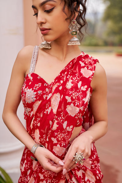 Chhavvi Aggarwal Red Printed Saree With Blouse indian designer wear online shopping melange singapore