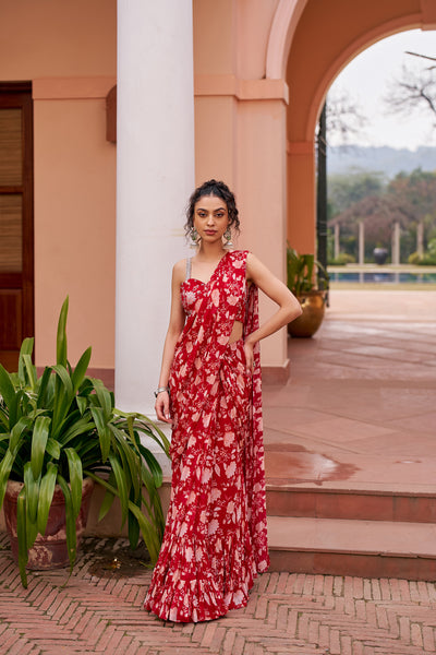 Chhavvi Aggarwal Red Printed Saree With Blouse indian designer wear online shopping melange singapore