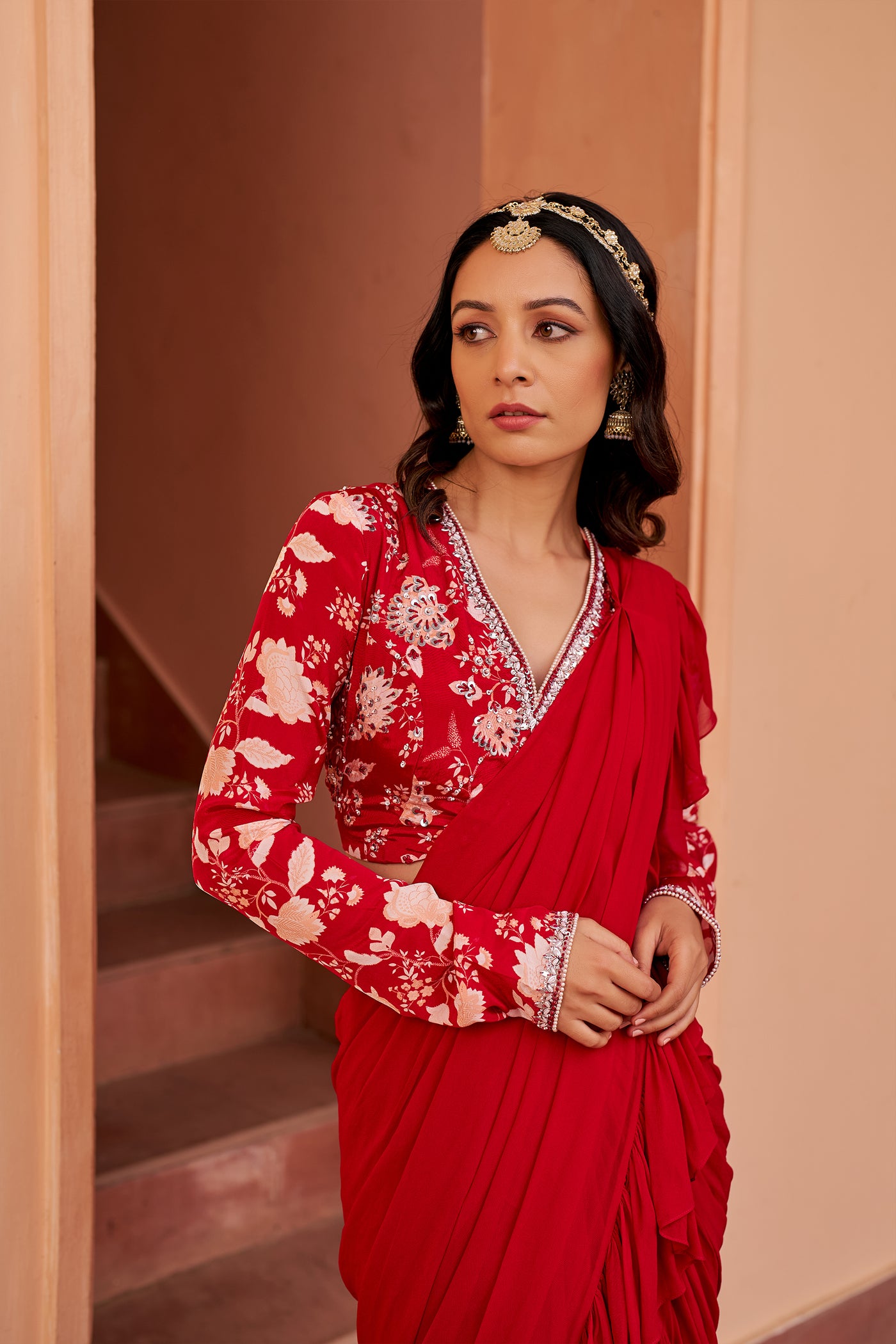 Chhavvi Aggarwal Red Saree With Printed Blouse indian designer wear online shopping melange singapore