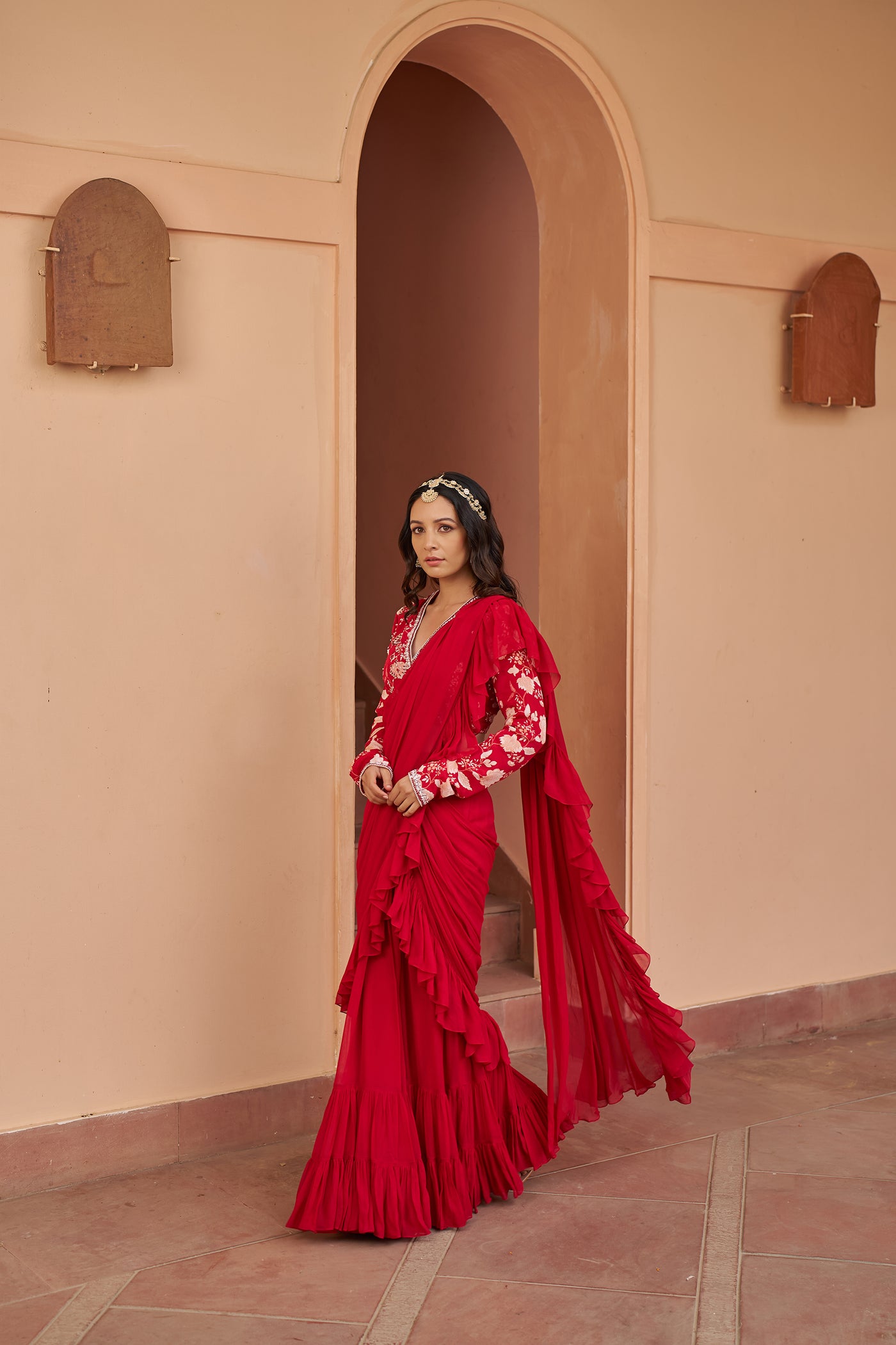 Chhavvi Aggarwal Red Saree With Printed Blouse indian designer wear online shopping melange singapore
