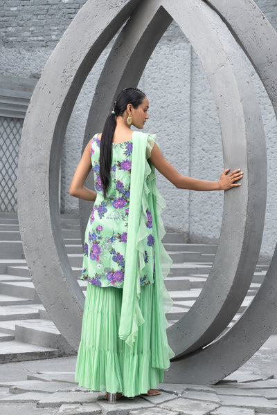 Chhavvi Aggarwal Sea Green Printed Kurta With Sharara indian designer wear online shopping melange singapore