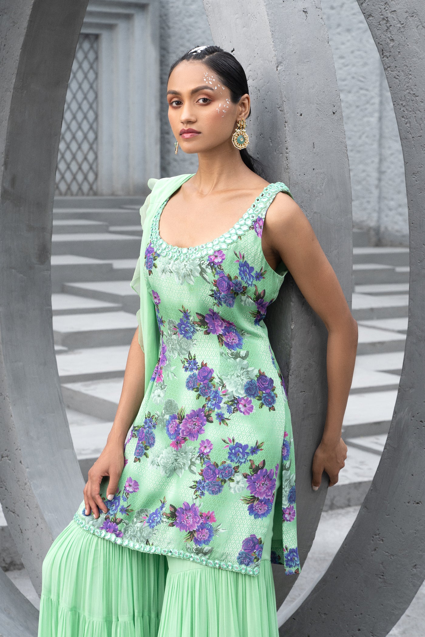 Chhavvi Aggarwal Sea Green Printed Kurta With Sharara indian designer wear online shopping melange singapore