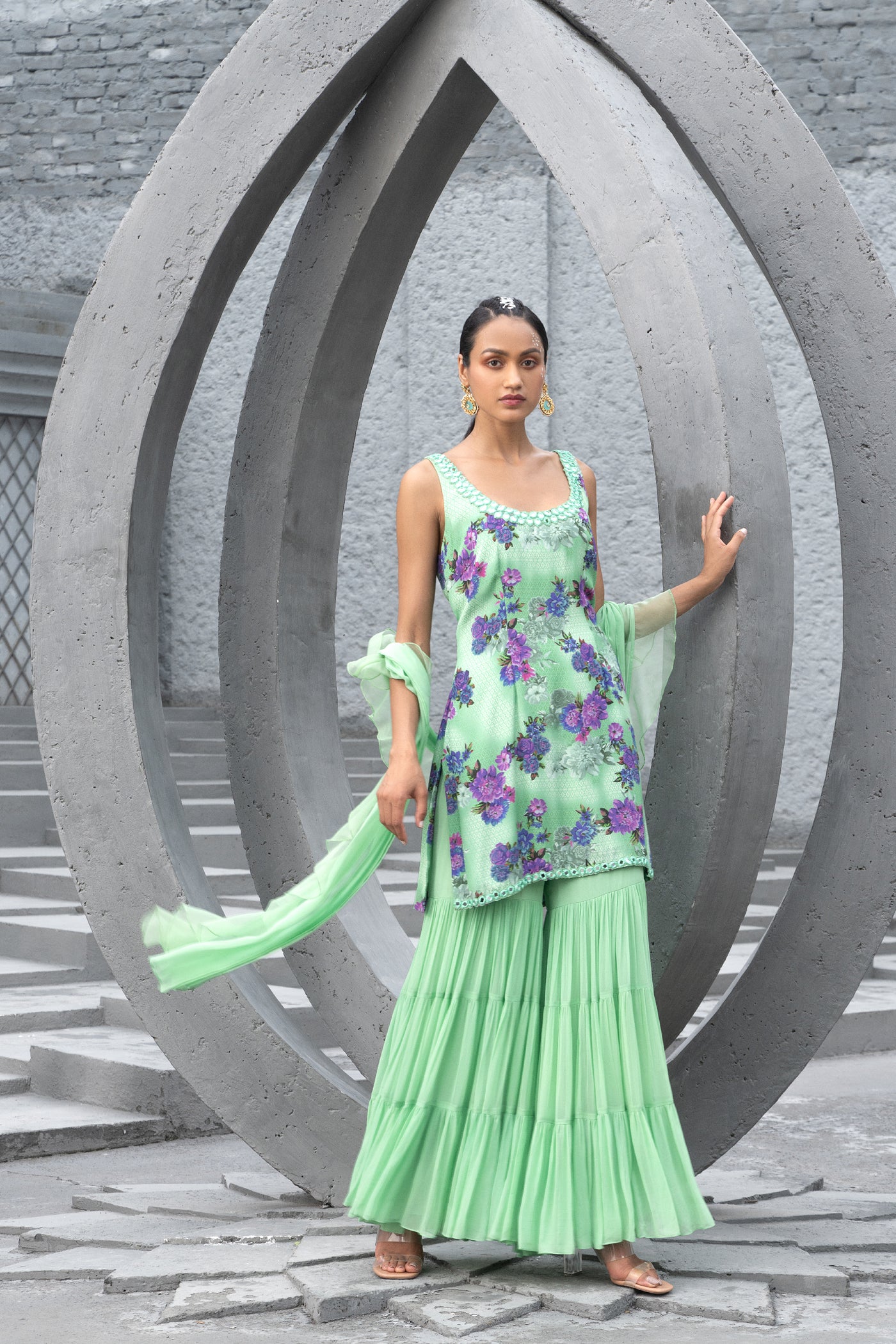 Chhavvi Aggarwal Sea Green Printed Kurta With Sharara indian designer wear online shopping melange singapore