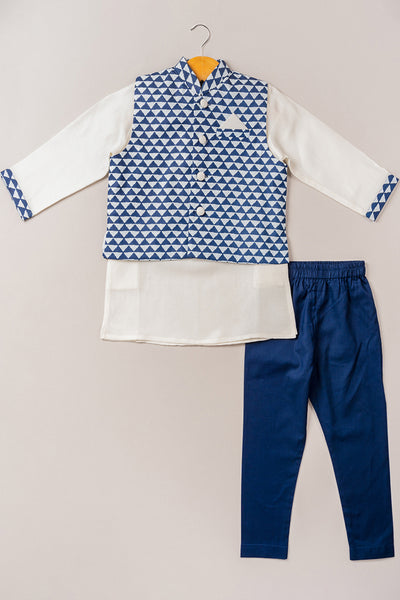 Coo Coo Indigo Satin Linen Kurta And Geometric Bandi Set with Pajama indian designer online shopping melange singapore