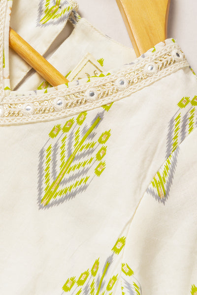 Coo Coo Lime Green Printed Pom Pom Kurta Set with Dupatta indian designer online shopping melange singapore