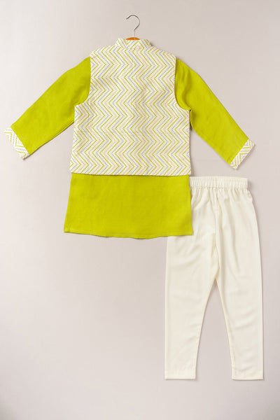 Coo Coo Lime Green Satin Linen Kurta And Chevron Bandi Set with Pajama indian designer online shopping melange singapore