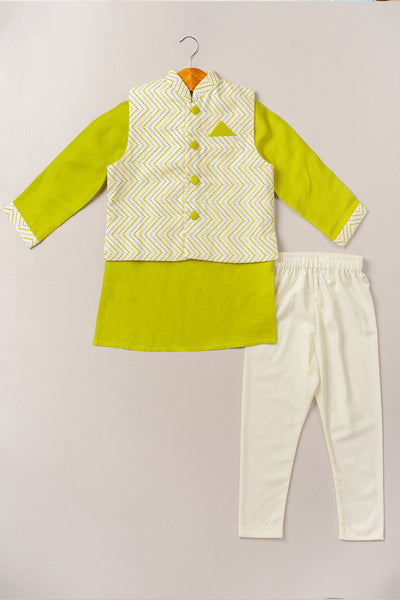Coo Coo Lime Green Satin Linen Kurta And Chevron Bandi Set with Pajama indian designer online shopping melange singapore