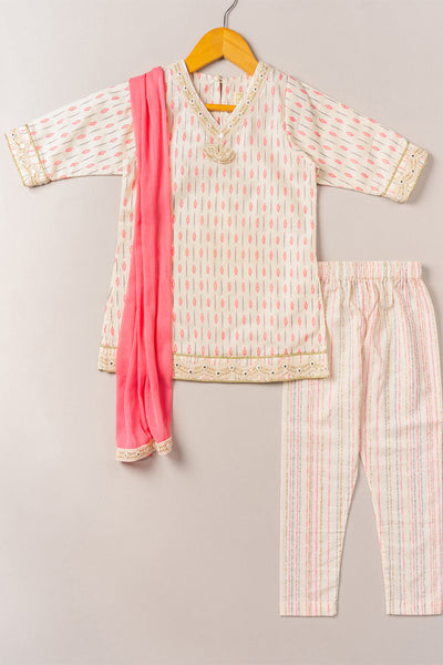 Coo Coo Pink Printed Crochet Lace Kurta Set with Dupatta indian designer online shopping melange singapore