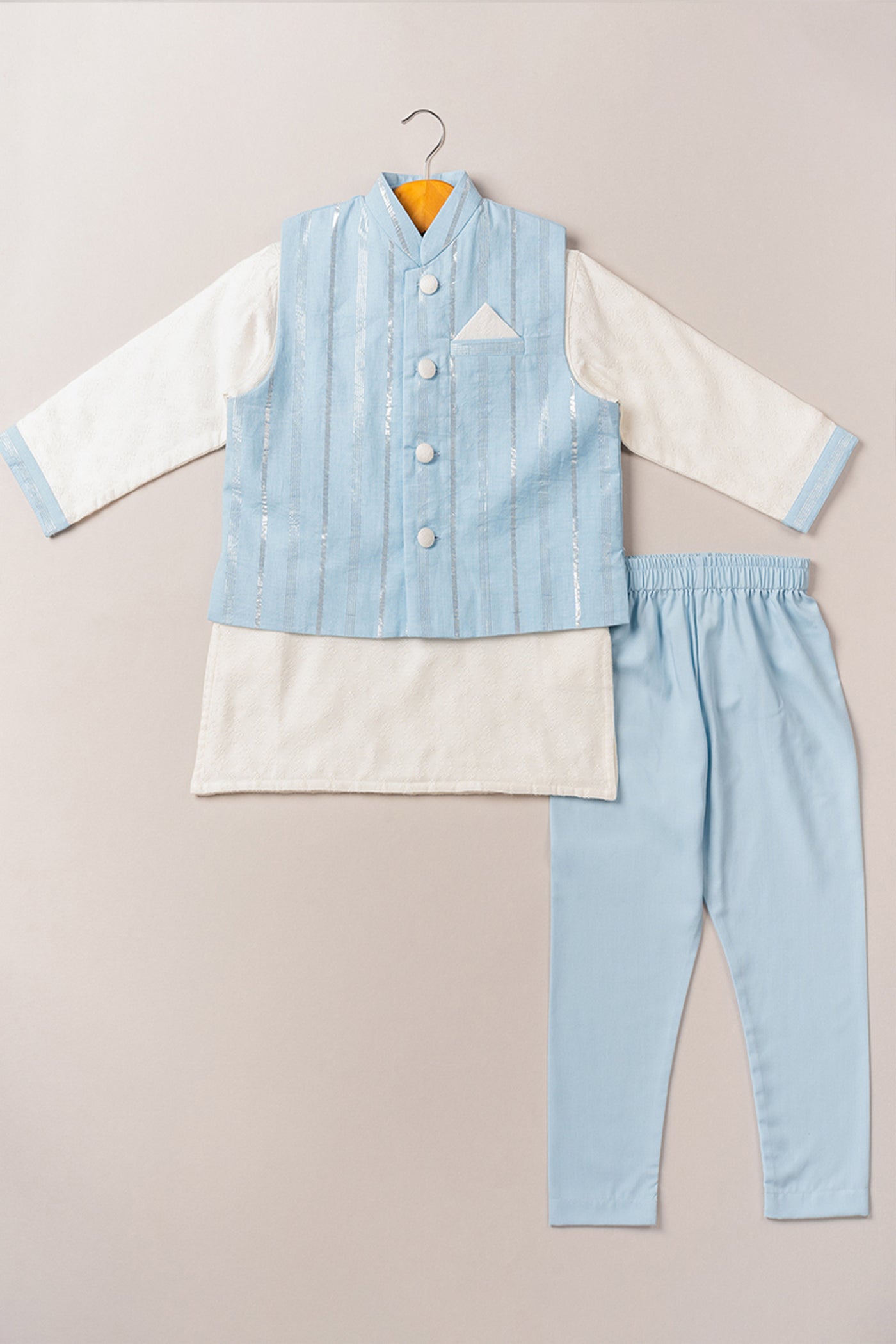  Coo Coo Sky Blue Chanderi Bandi And Satin Linen Kurta Set with Pajama indian designer online shopping melange singapore