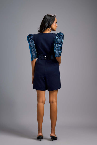 Deepika Arora A Chic Navy Blue Playsuit With A V-neckline indian designer wear online shopping melange singapore 