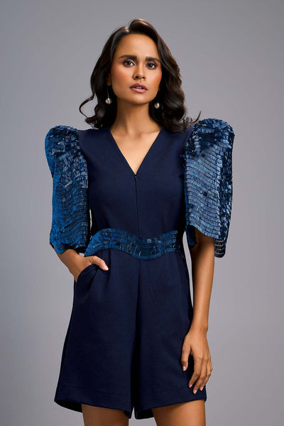 Deepika Arora A Chic Navy Blue Playsuit With A V-neckline indian designer wear online shopping melange singapore 