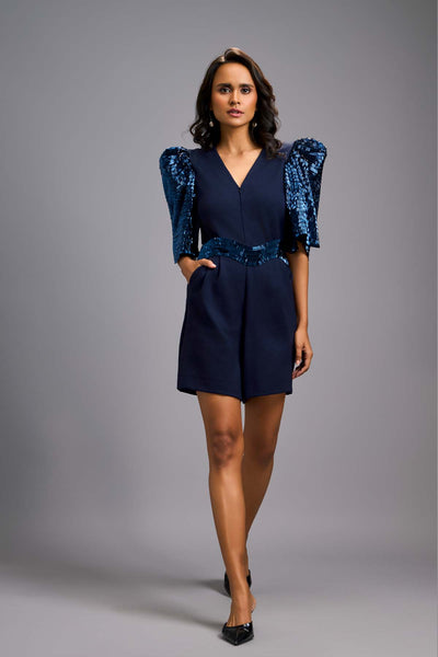 Deepika Arora A Chic Navy Blue Playsuit With A V-neckline indian designer wear online shopping melange singapore 