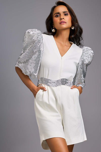 Deepika Arora A Chic White Playsuit With A V-neckline indian designer wear online shopping melange singapore 