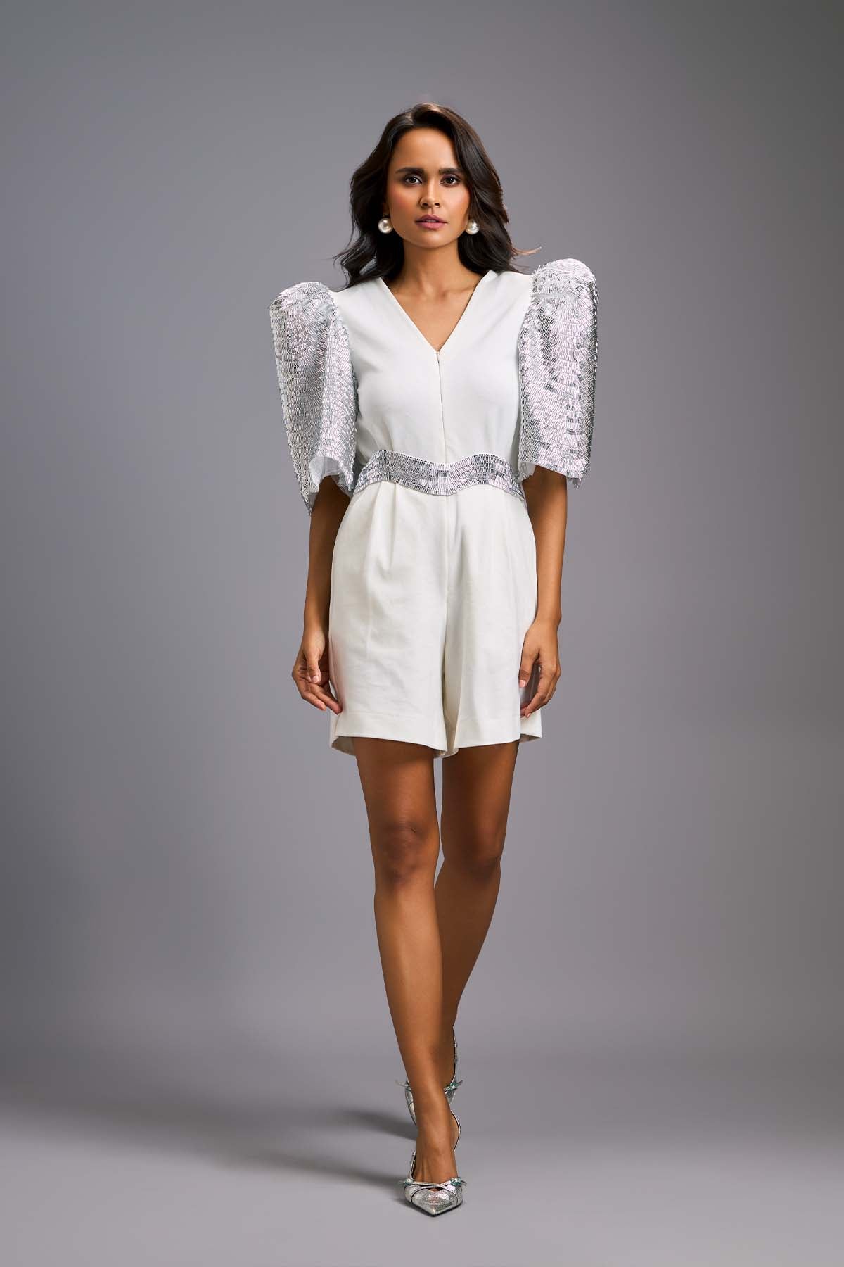 Deepika Arora A Chic White Playsuit With A V-neckline indian designer wear online shopping melange singapore 
