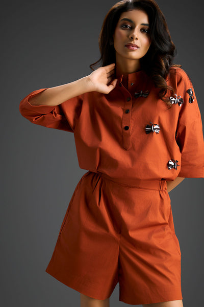 Deepika Arora A Half-placket Rust Cotton Co-ord Set Indian designer wear online shopping melange singapore 
