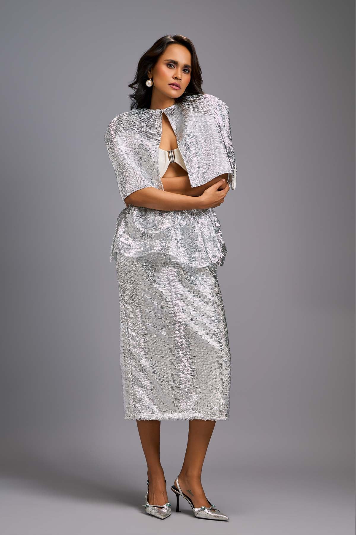 Deepika Arora A Sleek White Shimmer Co-ord Set indian designer wear online shopping melange singapore 
