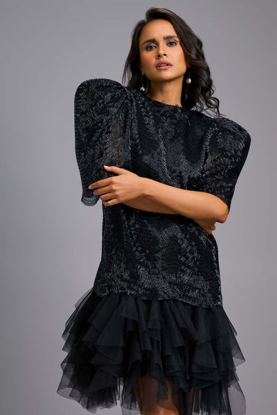 Deepika Arora A Statement Black Dress With Bold Puff Sleeves indian designer wear online shopping melange singapore 