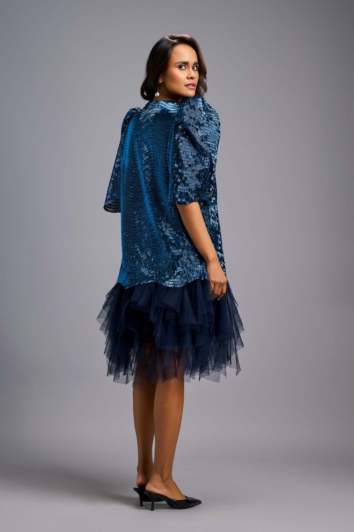 Deepika Arora A Statement Navy Blue Dress With Bold Puff Sleeves indian designer wear online shopping melange singapore 