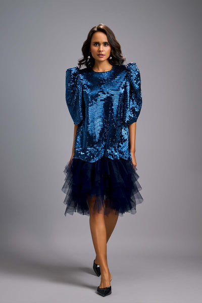 Deepika Arora A Statement Navy Blue Dress With Bold Puff Sleeves indian designer wear online shopping melange singapore 