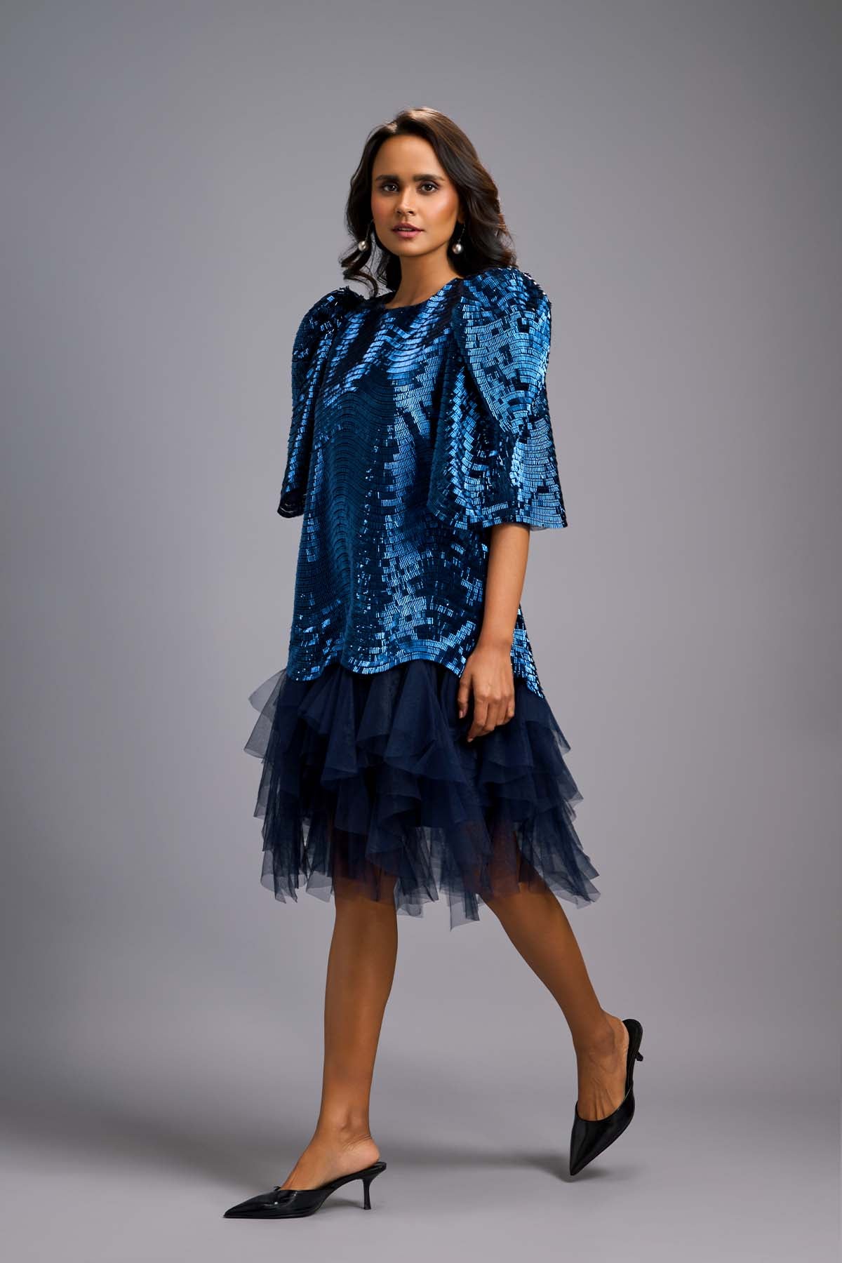 Deepika Arora A Statement Navy Blue Dress With Bold Puff Sleeves indian designer wear online shopping melange singapore 