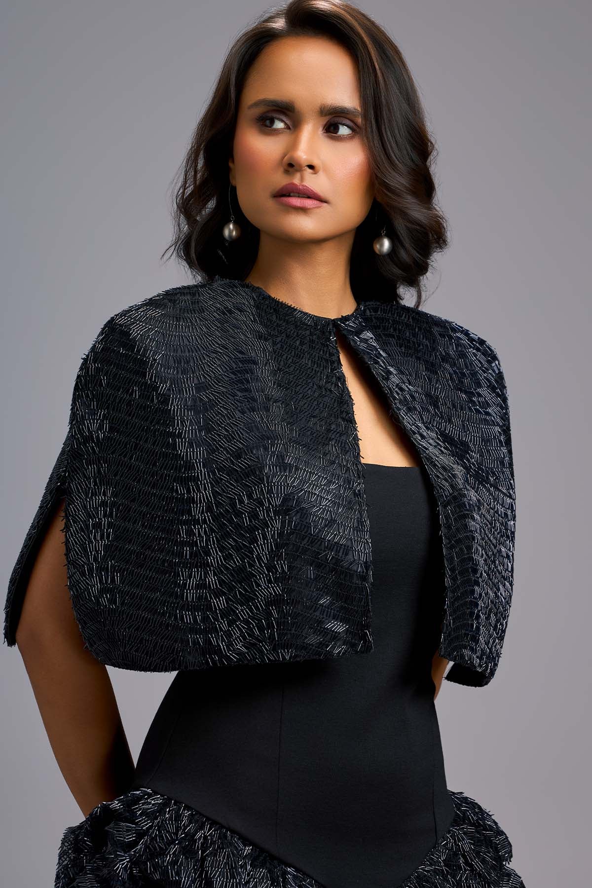 Deepika Arora A Strapless Black Knee Length Dress With A Cape indian designer wear online shopping melange singapore 