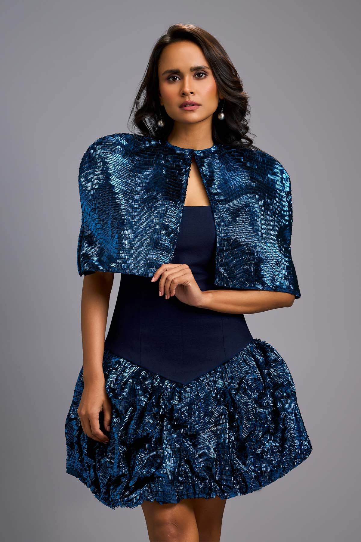 Deepika Arora A Strapless Navy Blue Knee Length Dress With A Cape indian designer wear online shopping melange singapore 